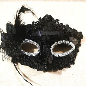 Venetian Masquerade Black Sequin Feather Mask  #9